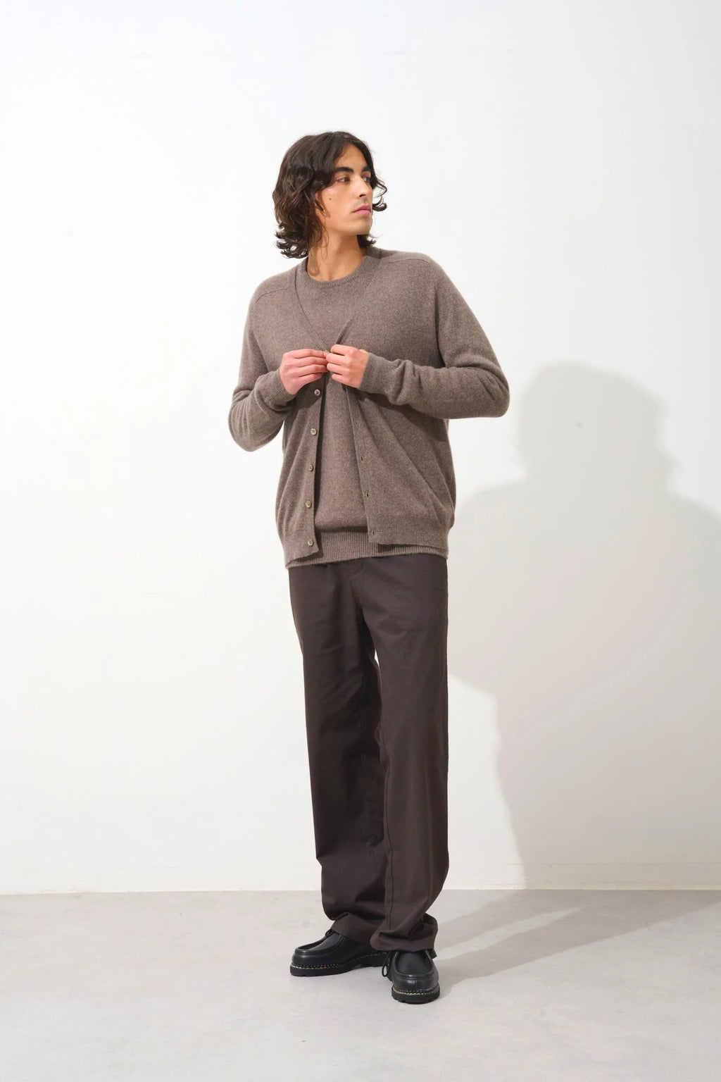Cardigan Col V Pipa - Taupe Chiné - 100% Cachemire 2 Fils - Jersey - Homme