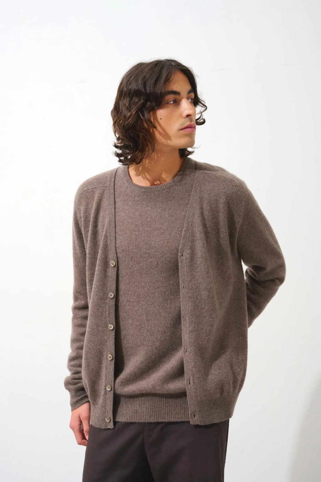 Cardigan Col V Pipa - Taupe Chiné - 100% Cachemire 2 Fils - Jersey - Homme