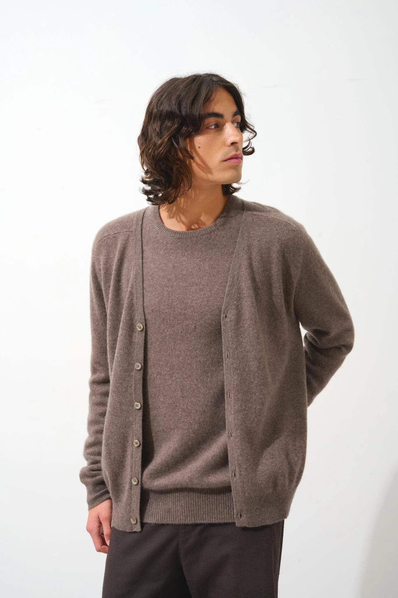 Cardigan Col V Pipa - Taupe Chiné - 100% Cachemire 2 Fils - Jersey - Homme