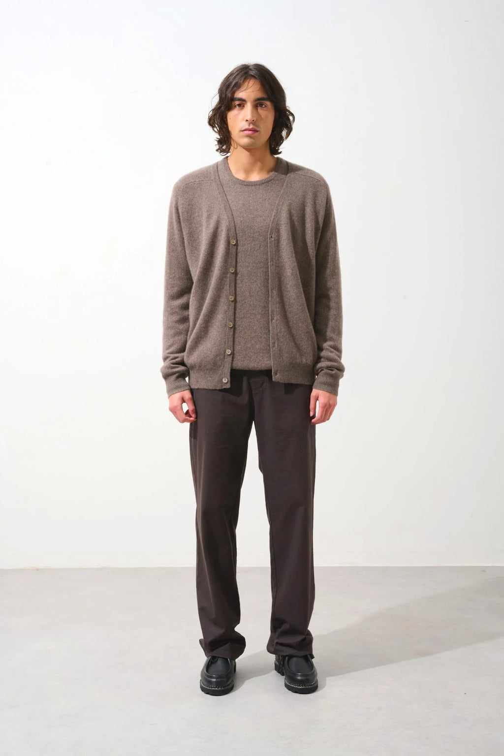 Cardigan Col V Pipa - Taupe Chiné - 100% Cachemire 2 Fils - Jersey - Homme