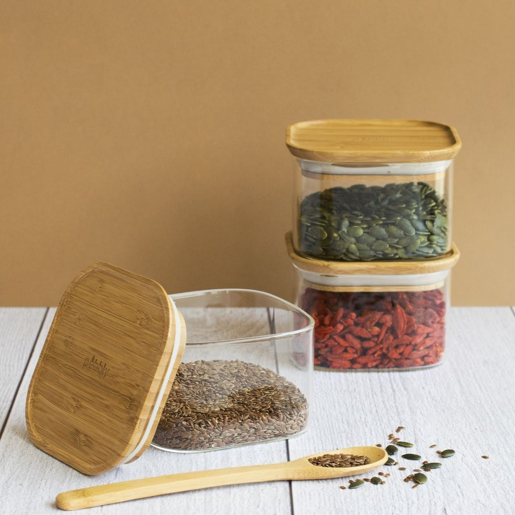 Set De 3 Boîtes Hautes Carrées En Verre Avec Couvercle En Bambou - Transparent