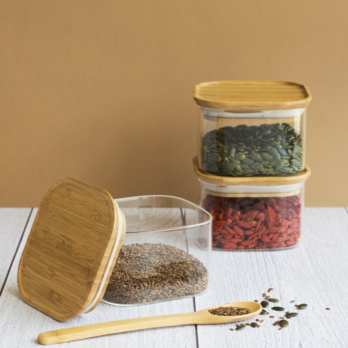 Set De 3 Boîtes Hautes Carrées En Verre Avec Couvercle En Bambou - Transparent
