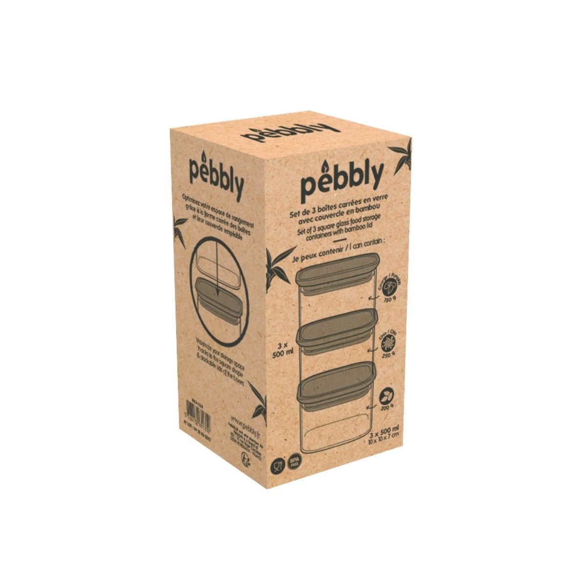 Set De 3 Boîtes Hautes Carrées En Verre Avec Couvercle En Bambou - Transparent
