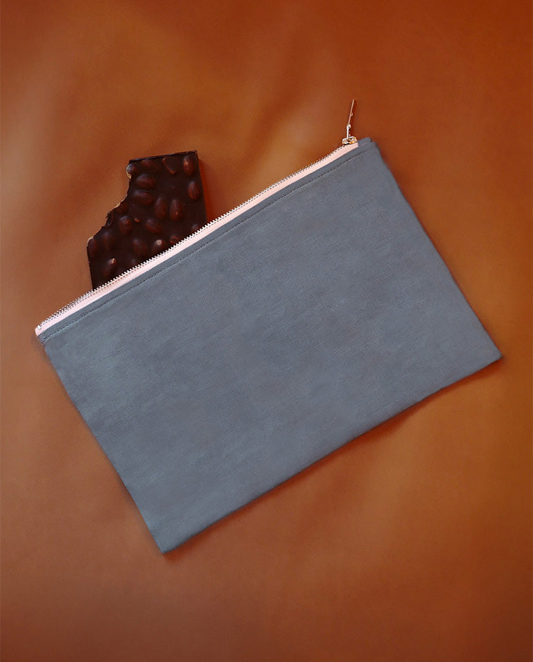 Pochette En Lin Bleu Horizon Liseré Rose 5804