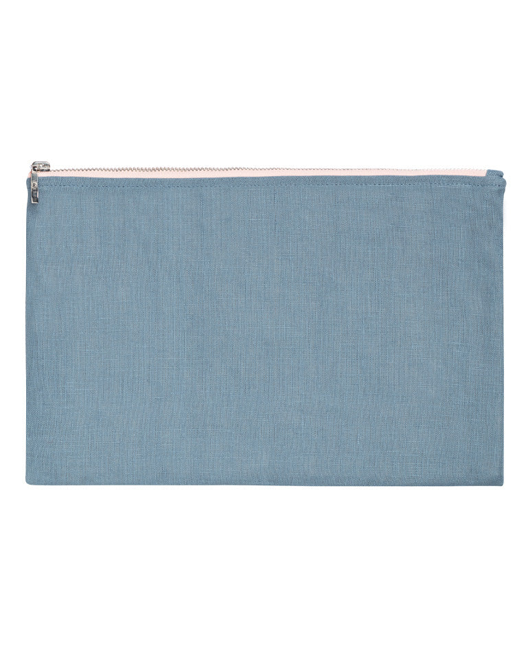 Pochette En Lin Bleu Horizon Liseré Rose 5804