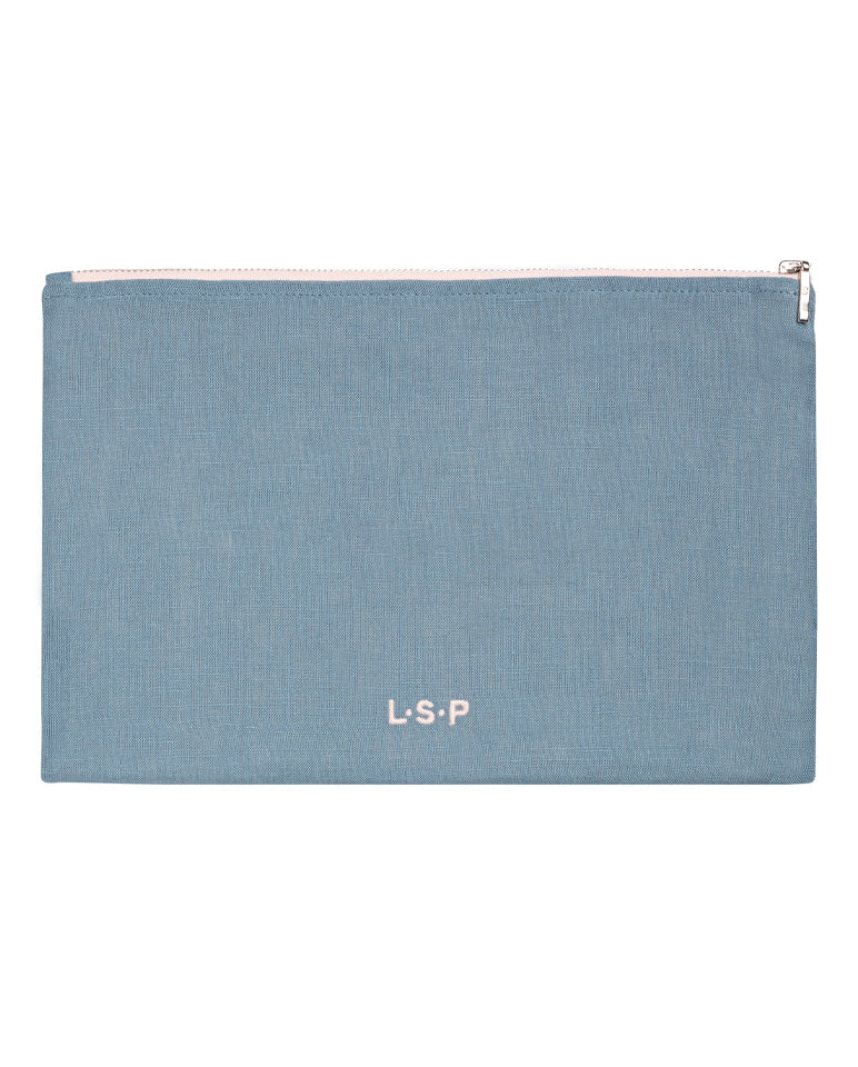 Pochette En Lin Bleu Horizon Liseré Rose 5804