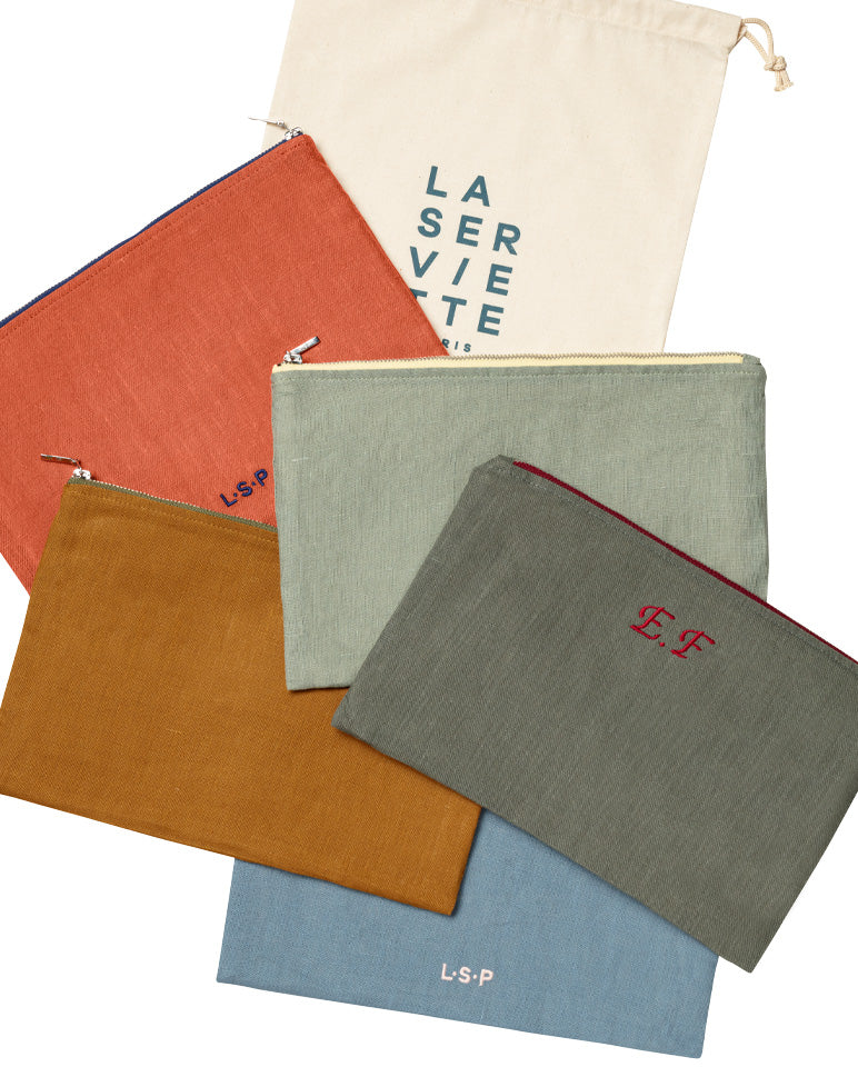 Pochette en lin Gris liseré Rouge 5879