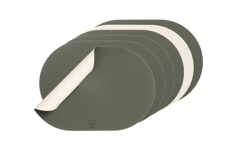 Set De Table Ovale Réversible - 6 Pièces - Cuir Recyclé Blanc Crème Et Vert De Gris