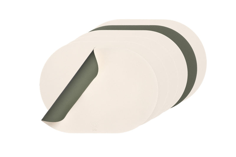 Set De Table Ovale Réversible - 6 Pièces - Cuir Recyclé Blanc Crème Et Vert De Gris