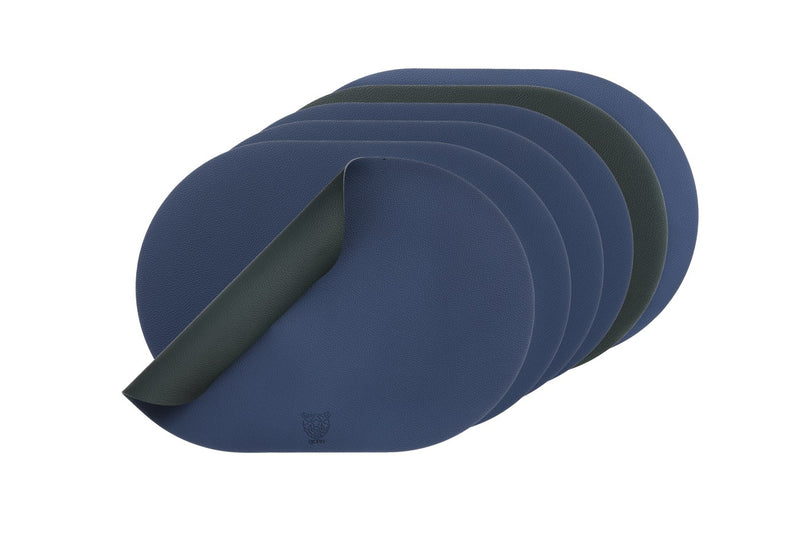 Set De Table Ovale Réversible - 6 Pièces - Cuir Recyclé Bleu Nuit Et Gris Anthracite