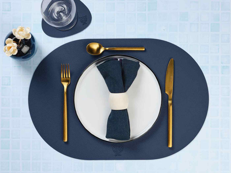 Set De Table Ovale Réversible - 6 Pièces - Cuir Recyclé Bleu Nuit Et Gris Anthracite