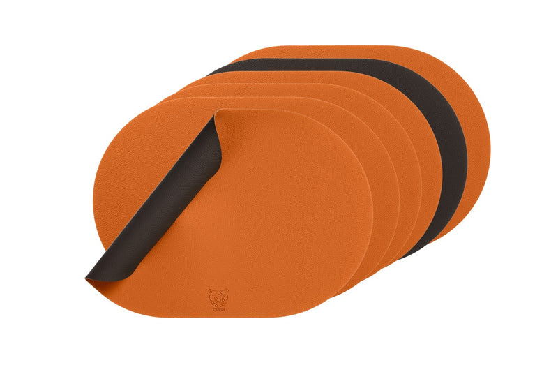 Set De Table Ovale Réversible - 6 Pièces - Cuir Recyclé Orange Et Chocolat