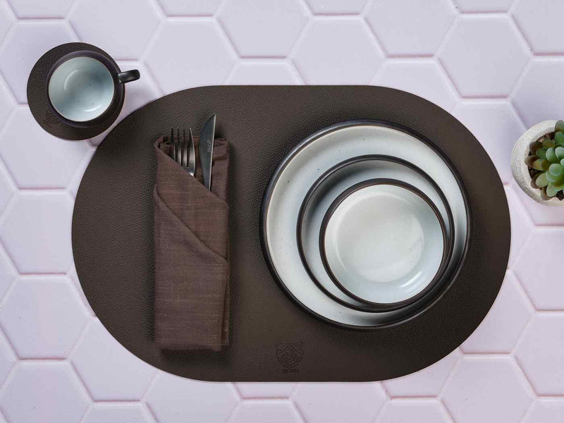 Set De Table Ovale Réversible - 6 Pièces - Cuir Recyclé Orange Et Chocolat