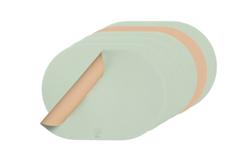 Set De Table Ovale Réversible - 6 Pièces - Cuir Recyclé Rose Pâle Et Vert Pâle