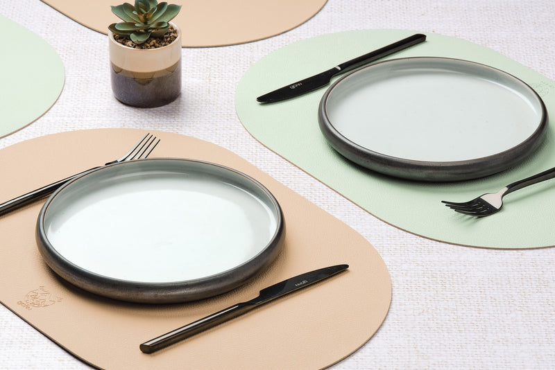 Set De Table Ovale Réversible - 6 Pièces - Cuir Recyclé Rose Pâle Et Vert Pâle
