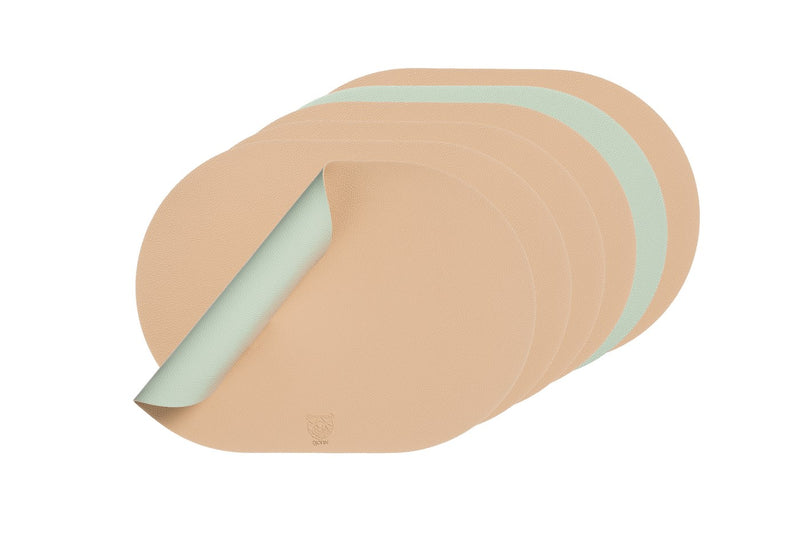 Set De Table Ovale Réversible - 6 Pièces - Cuir Recyclé Rose Pâle Et Vert Pâle