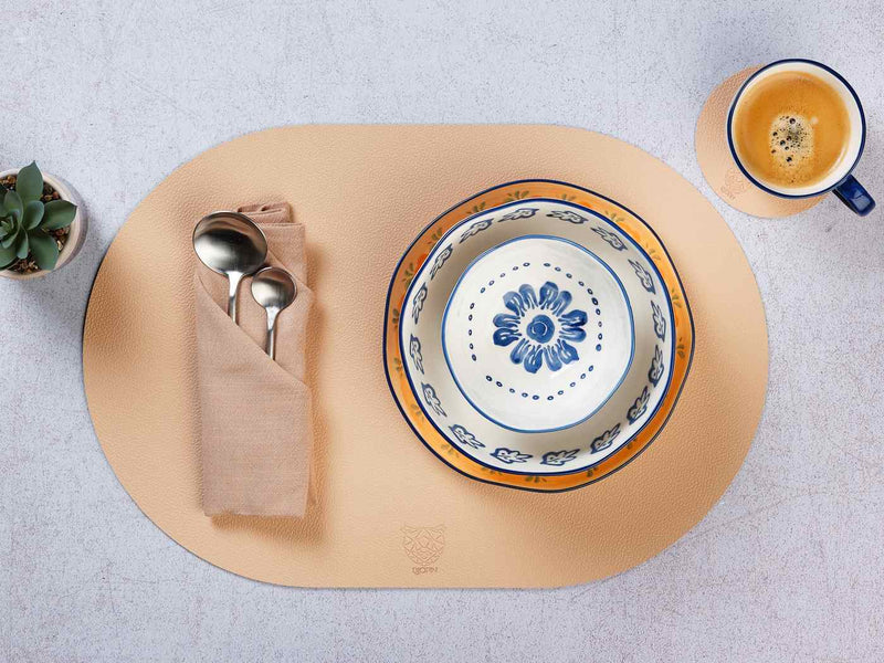 Set De Table Ovale Réversible - 6 Pièces - Cuir Recyclé Rose Pâle Et Vert Pâle