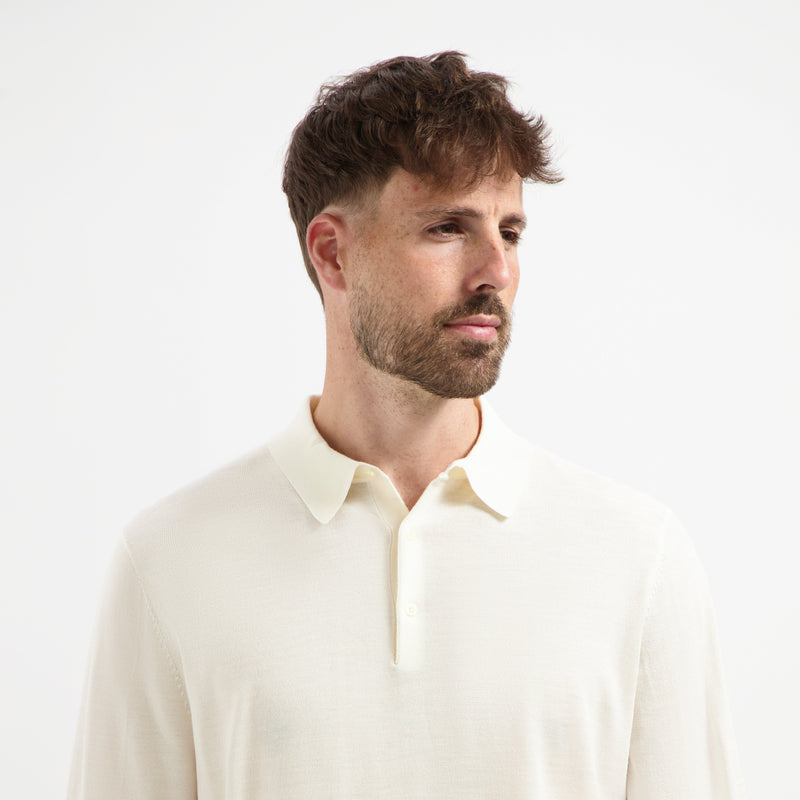 Polo Long Sleeve 100% Merino  - Seachell White