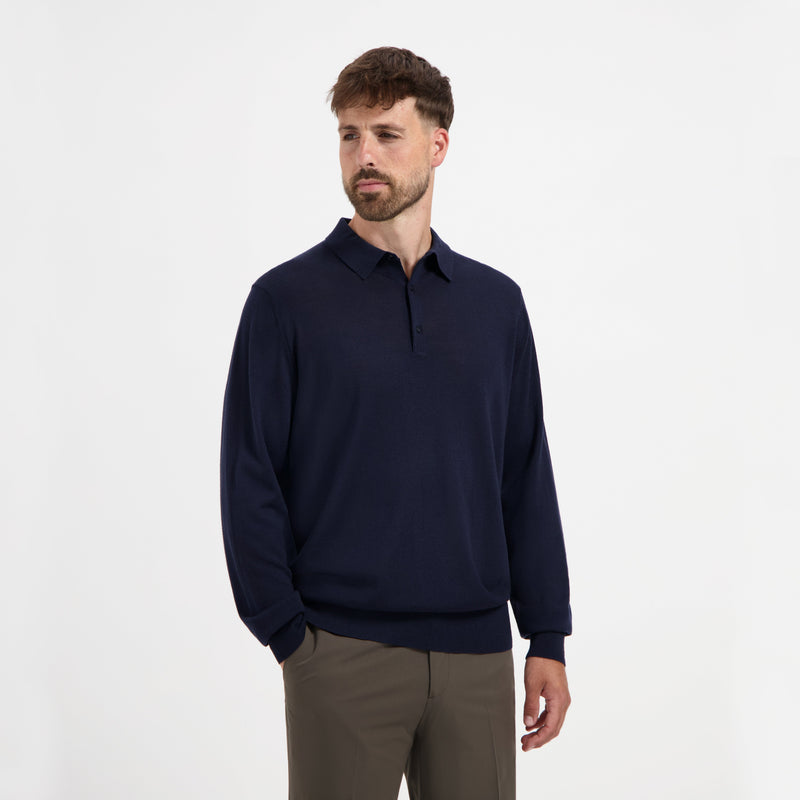 Polo Long Sleeve 100% Merino - Navy Blue