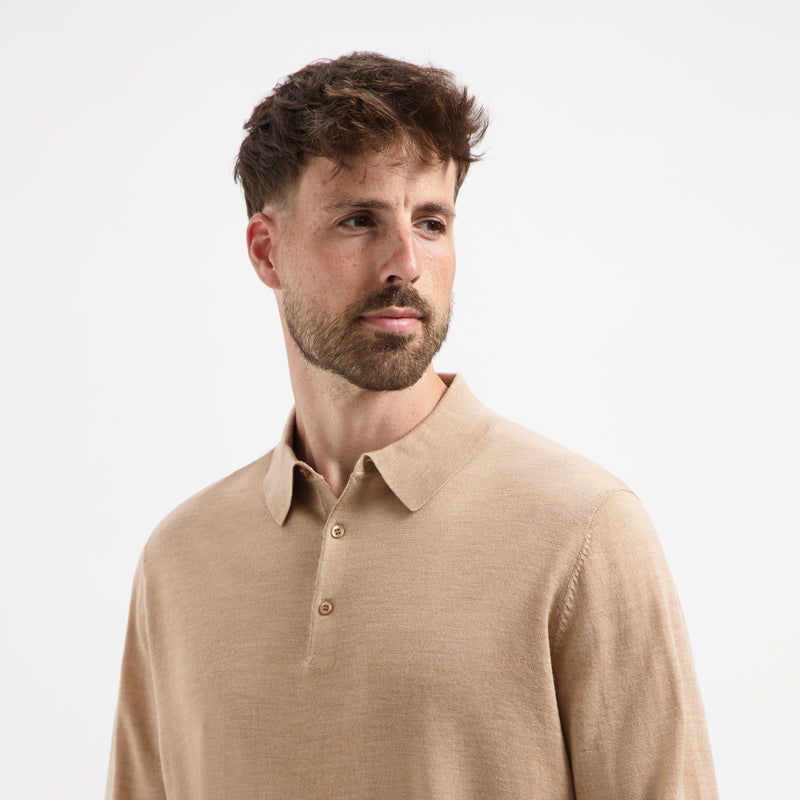 Polo Long Sleeve 100% Merino - Sahara Sand