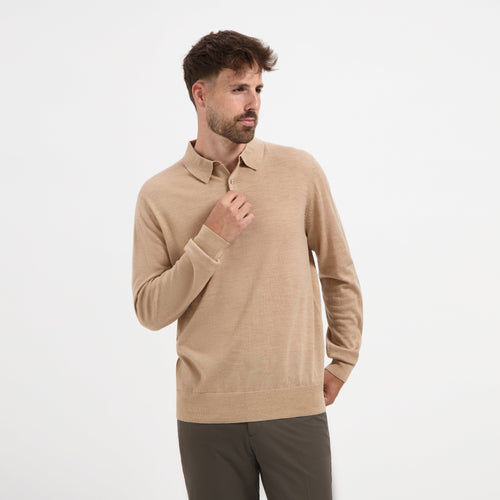 Polo Long Sleeve 100% Merino - Sahara Sand
