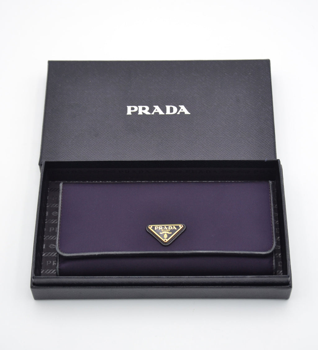 Prada Long Wallet In Purple Nylon & Black Leather
