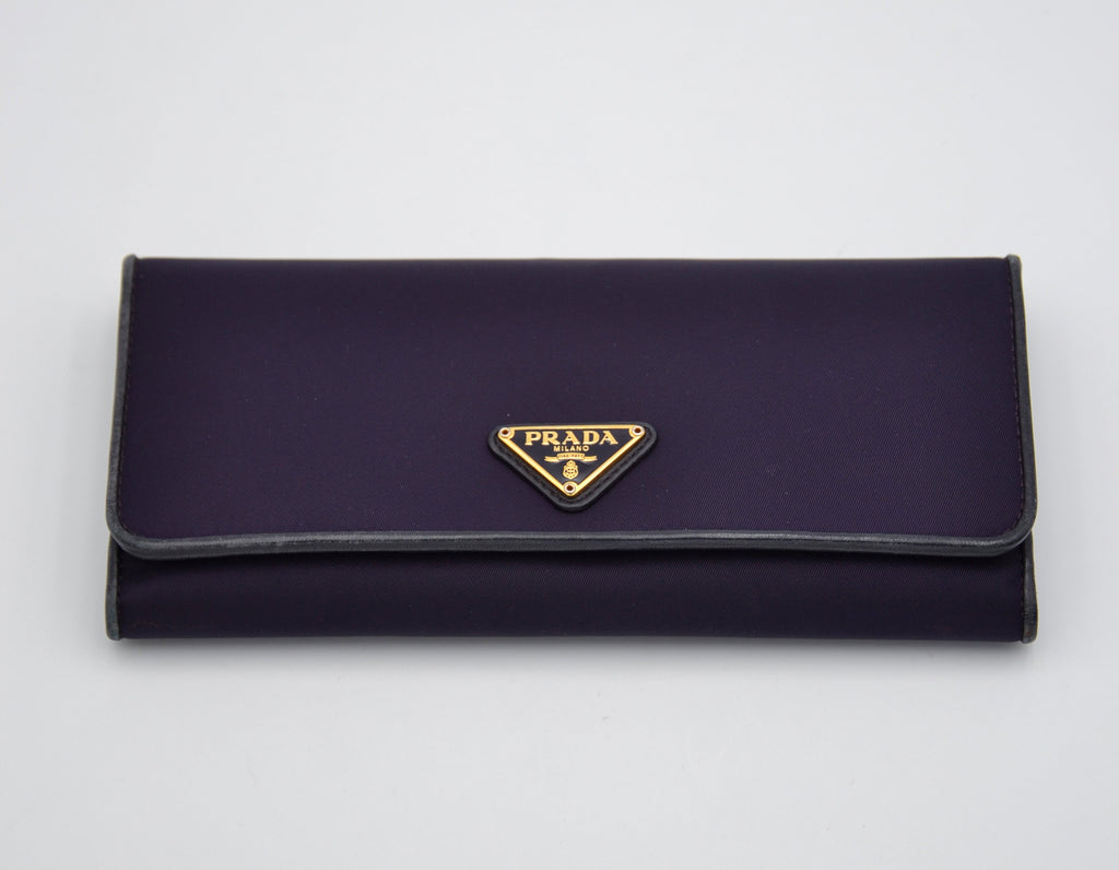 Prada Long Wallet In Purple Nylon & Black Leather