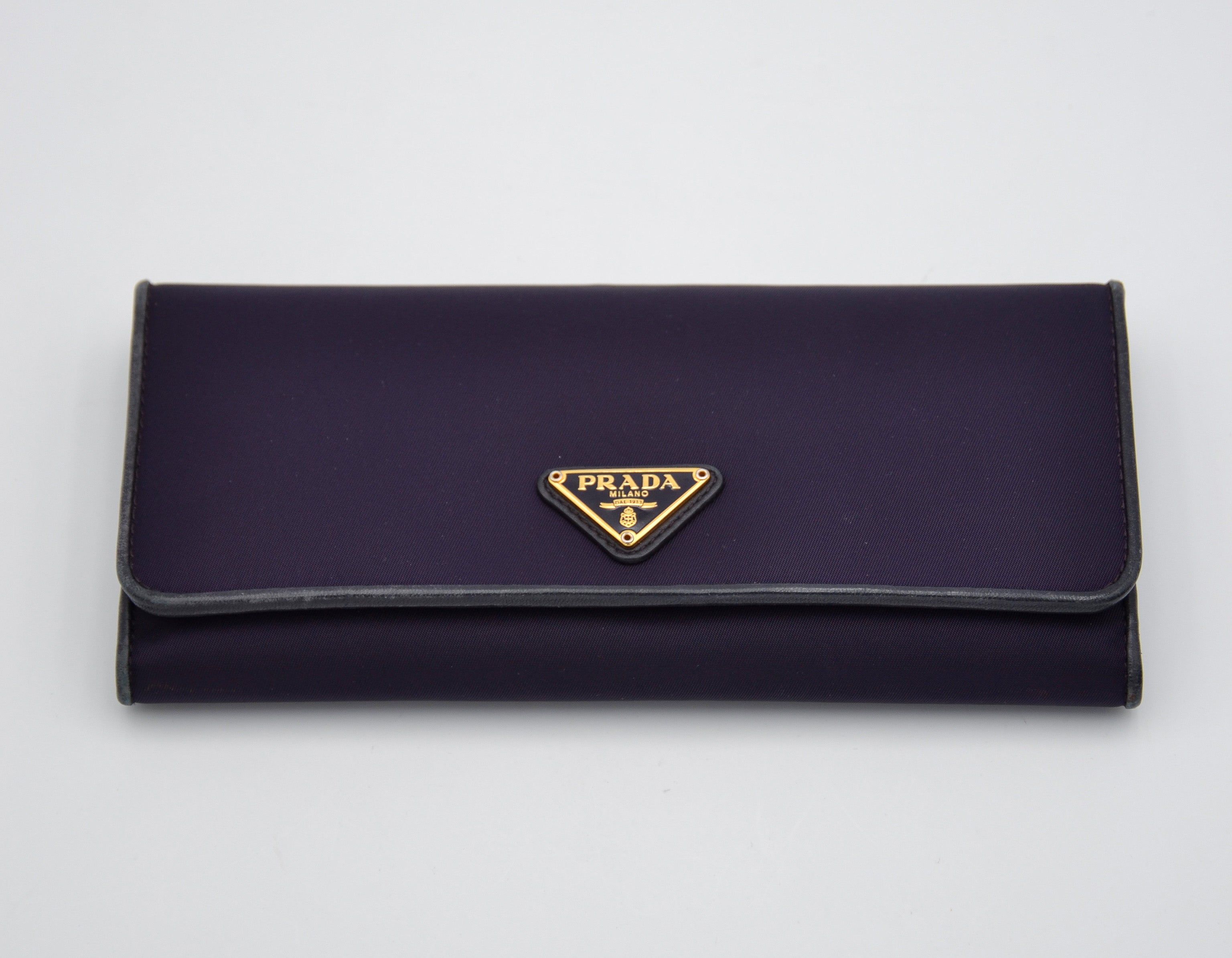 Prada Long Wallet In Purple Nylon & Black Leather