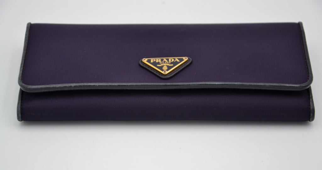 Prada Long Wallet In Purple Nylon & Black Leather