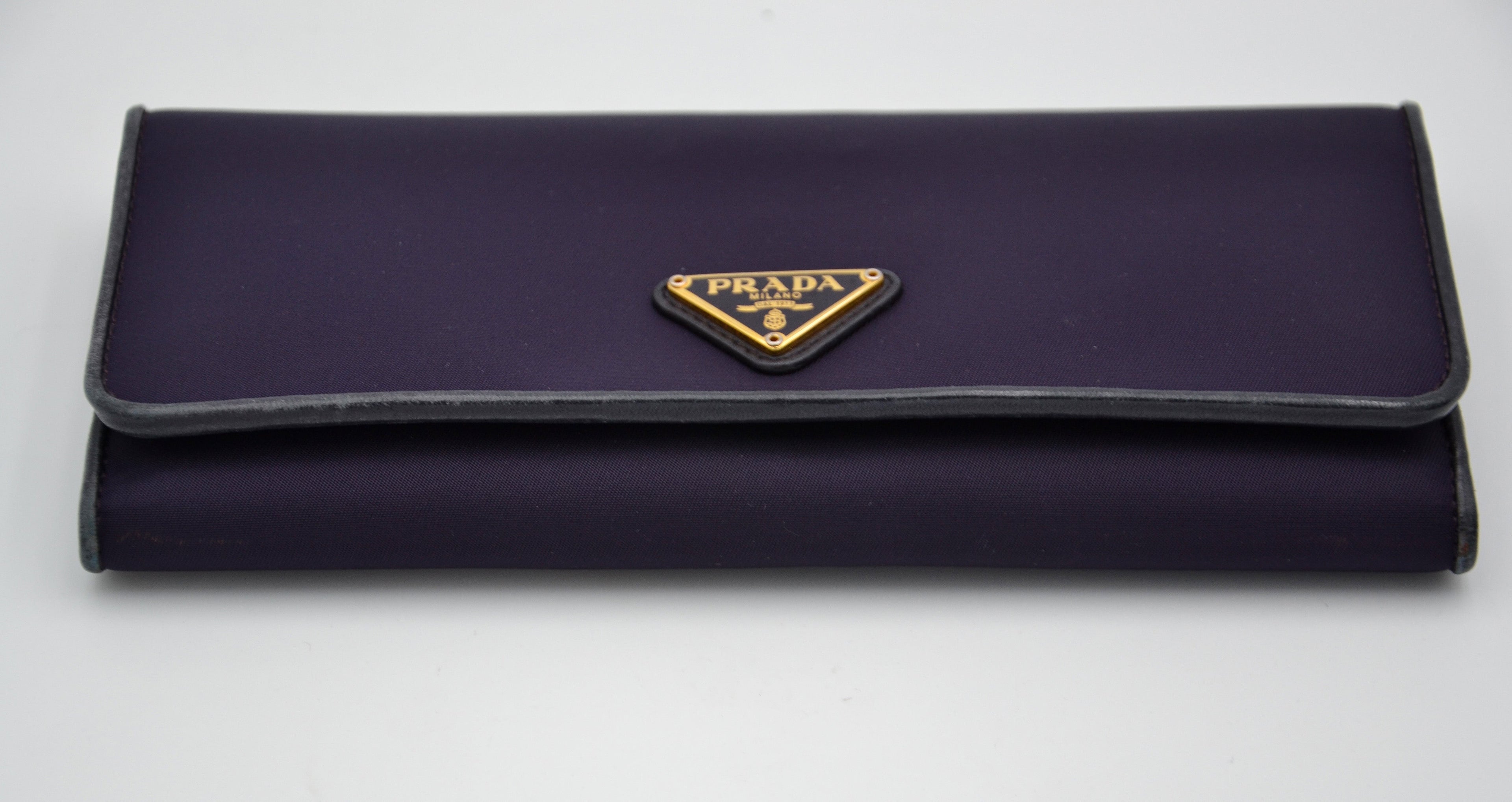 Prada Long Wallet In Purple Nylon & Black Leather