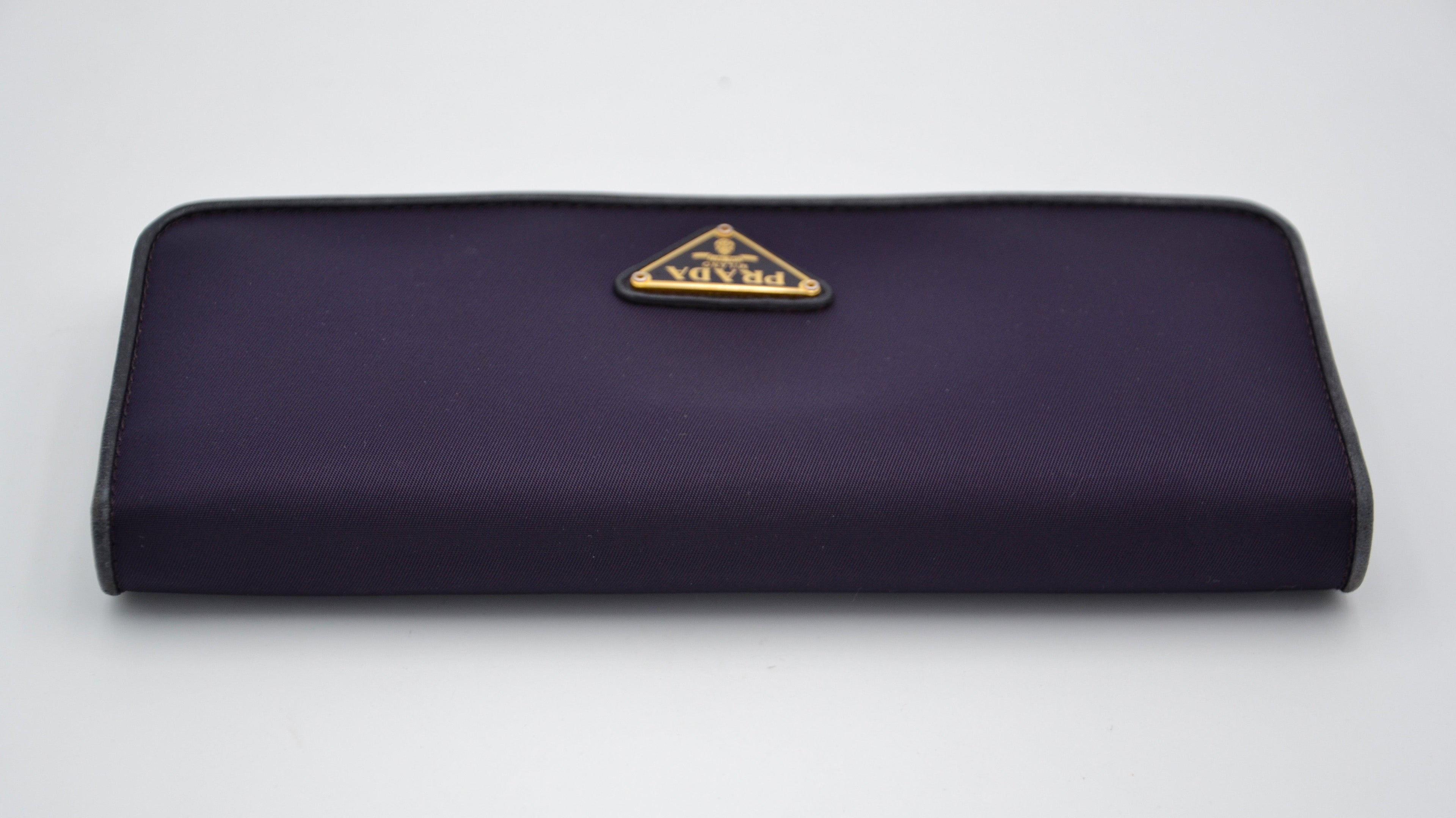 Prada Long Wallet In Purple Nylon & Black Leather