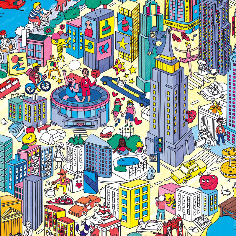 Poster New York colorié - scène illustrée de Manhattan avec Times Square et gratte-ciels