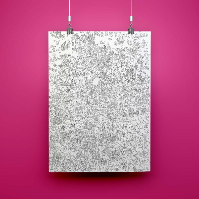 Poster à colorier sur l'Allemagne accroché au mur, design détaillé en noir et blanc