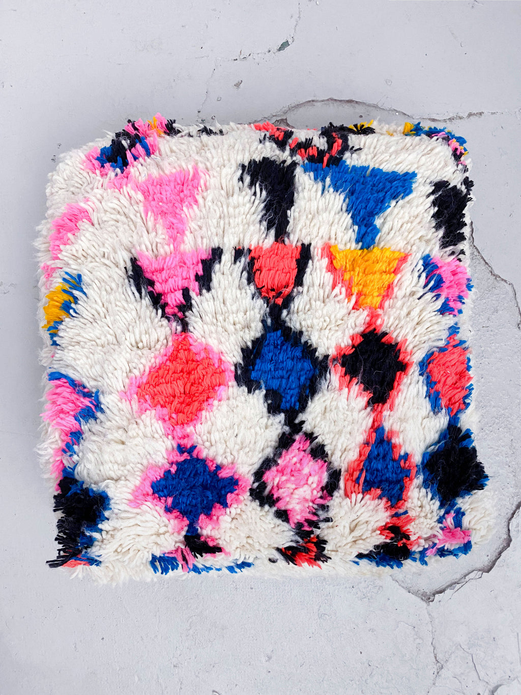 Ecru Moroccan Berber Pouffe with Colourful Patterns