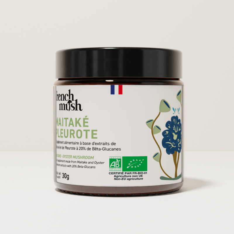 French Mush compléments alimentaires à base d'extraits de champignons médicinaux biologiques fabriqués en France Duo Maïtake Pleurote Bio - poudre -
