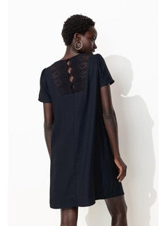 Robe Courte Détail Dentelle - Bleu Uni Fonce