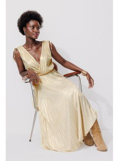 Robe Midi Lamée Plissée Femme - Jaune Uni Colore