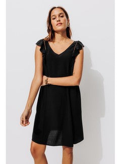 Robe Courte Évasée Femme - Noir Uni Fonce