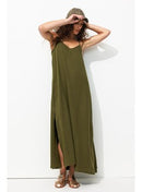 Robe Longue à Bretelles Femme - Kaki Uni Fonce