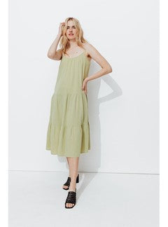 Robe Évasée en Gaze de Coton - Kaki Uni Clair
