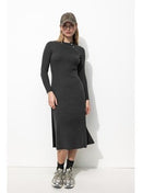 Robe Longue Côtelée Femme - Gris Uni Fonce