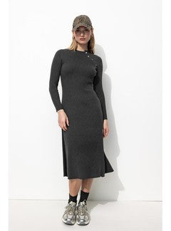 Robe Longue Côtelée Femme - Gris Uni Fonce
