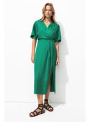 Robe Mi-longue en Satin Femme - Vert Uni Colore