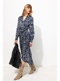 Robe Midi Satin Jacquard - Bleu Imprime
