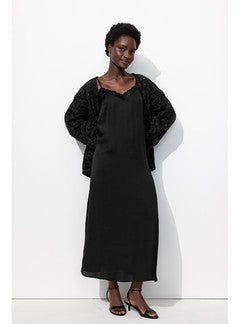 Robe Longue en Satin Femme - Noir Uni Fonce
