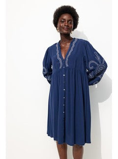 Robe Courte Brodée Femme - Bleu Uni Fonce
