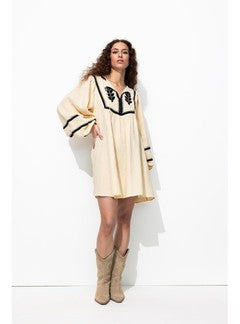 Robe Folk Brodée Femme - Naturel Uni Clair
