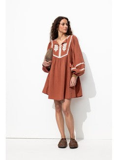 Robe Folk Brodée Femme - Marron Uni Clair