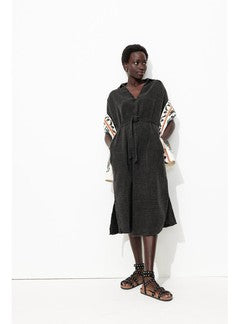 Robe Midi en Gaze de Coton - Gris Uni Fonce