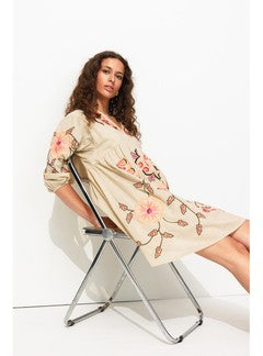 Robe Courte Brodée Femme - Naturel Uni Clair